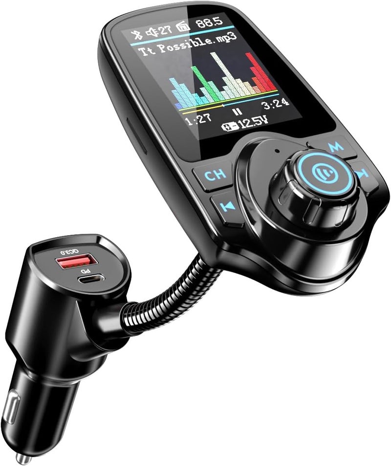 nulaxy [2026 KM18 Upgraded Version] 1.8" Color Screen 48W Bluetooth 5.4 Car Adapter, Dual Fasting Charging Ports [PD 30W & QC3.0 18W] Wireless Radio FM Transmitter, Hands-Free Call, 7 EQ Modes, Black - Image 1